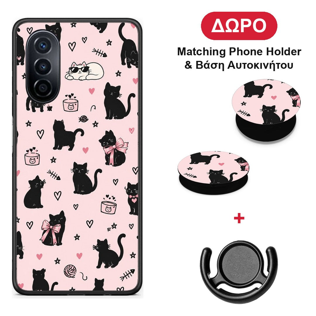 Black Cat Doodles on Pink - Huawei Nova Y70 / Y70 Plus θήκη + Δώρο Phone Holder & Βάση Αυτοκινήτου