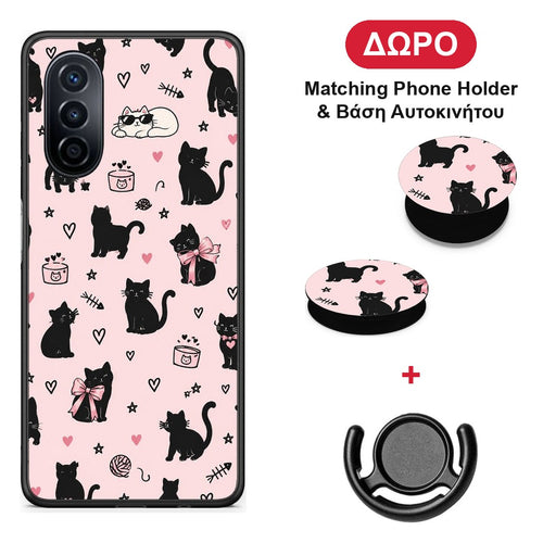 Black Cat Doodles on Pink - Huawei Nova Y70 / Y70 Plus θήκη + Δώρο Phone Holder & Βάση Αυτοκινήτου
