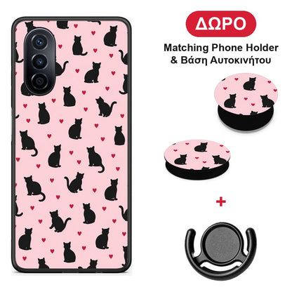 Black Cat Silhouettes and Hearts on Pink - Huawei Nova Y70 / Y70 Plus θήκη + Δώρο Phone Holder & Βάση Αυτοκινήτου