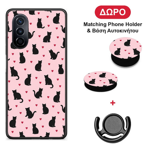Black Cat Silhouettes and Hearts on Pink - Huawei Nova Y70 / Y70 Plus θήκη + Δώρο Phone Holder & Βάση Αυτοκινήτου