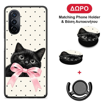 Black Kitten Pink Bow and Polka Dots - Huawei Nova Y70 / Y70 Plus θήκη + Δώρο Phone Holder & Βάση Αυτοκινήτου
