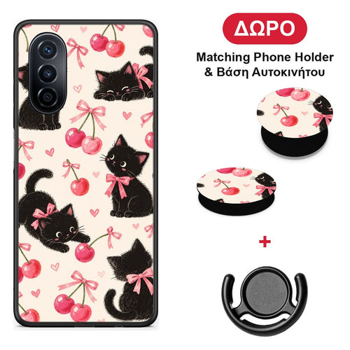 Black Kittens and Cherries on Cream - Huawei Nova Y70 / Y70 Plus θήκη + Δώρο Phone Holder & Βάση Αυτοκινήτου