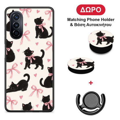Black Kittens and Pink Bows on Cream Large - Huawei Nova Y70 / Y70 Plus θήκη + Δώρο Phone Holder & Βάση Αυτοκινήτου