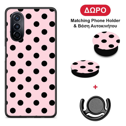 Black Polka Dots on Pink - Huawei Nova Y70 / Y70 Plus θήκη + Δώρο Phone Holder & Βάση Αυτοκινήτου