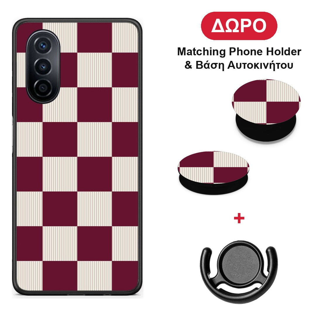 Burgundy and Cream Striped Checks - Huawei Nova Y70 / Y70 Plus θήκη + Δώρο Phone Holder & Βάση Αυτοκινήτου