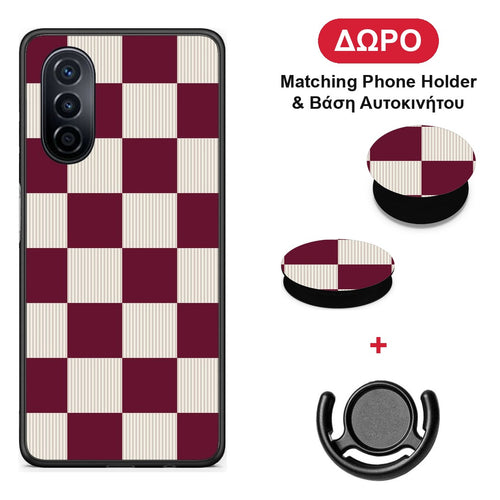 Burgundy and Cream Striped Checks - Huawei Nova Y70 / Y70 Plus θήκη + Δώρο Phone Holder & Βάση Αυτοκινήτου