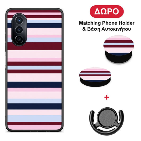 Burgundy Pink and Blue Horizontal Stripes - Huawei Nova Y70 / Y70 Plus θήκη + Δώρο Phone Holder & Βάση Αυτοκινήτου