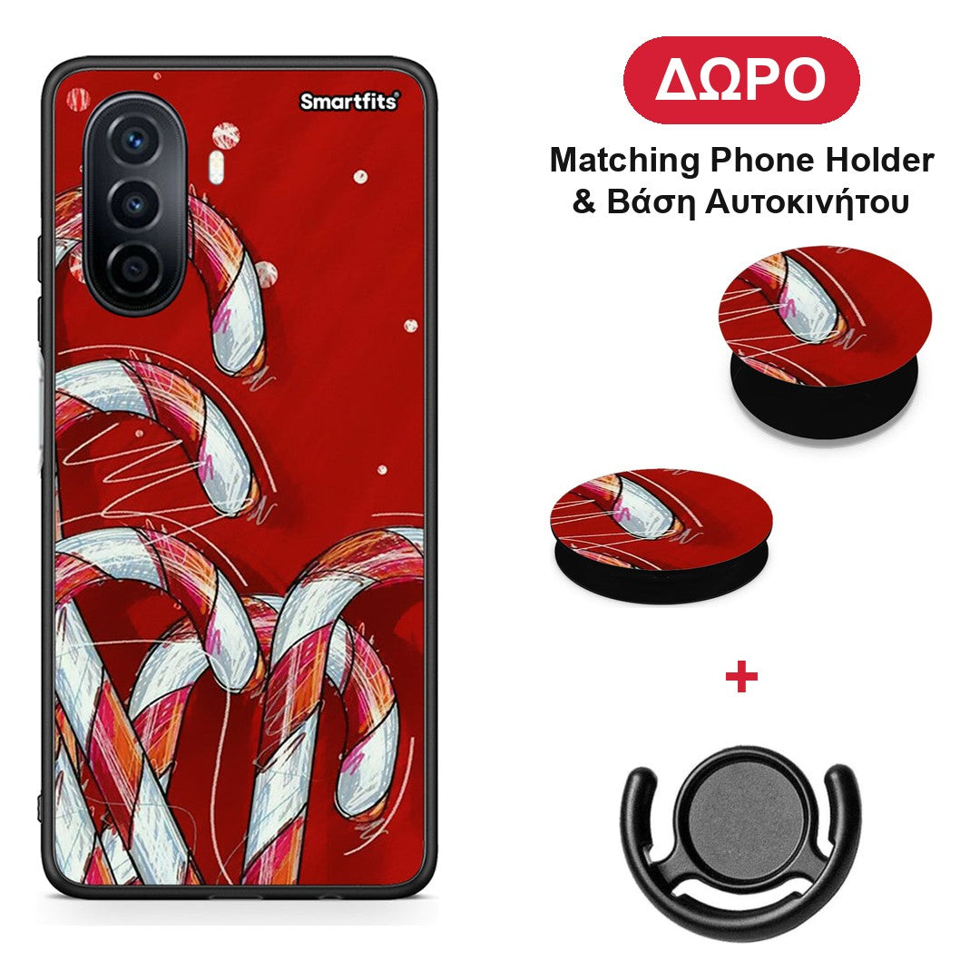 Candy Cane - Huawei Nova Y70 / Y70 Plus θήκη + Δώρο Phone Holder & Βάση Αυτοκινήτου
