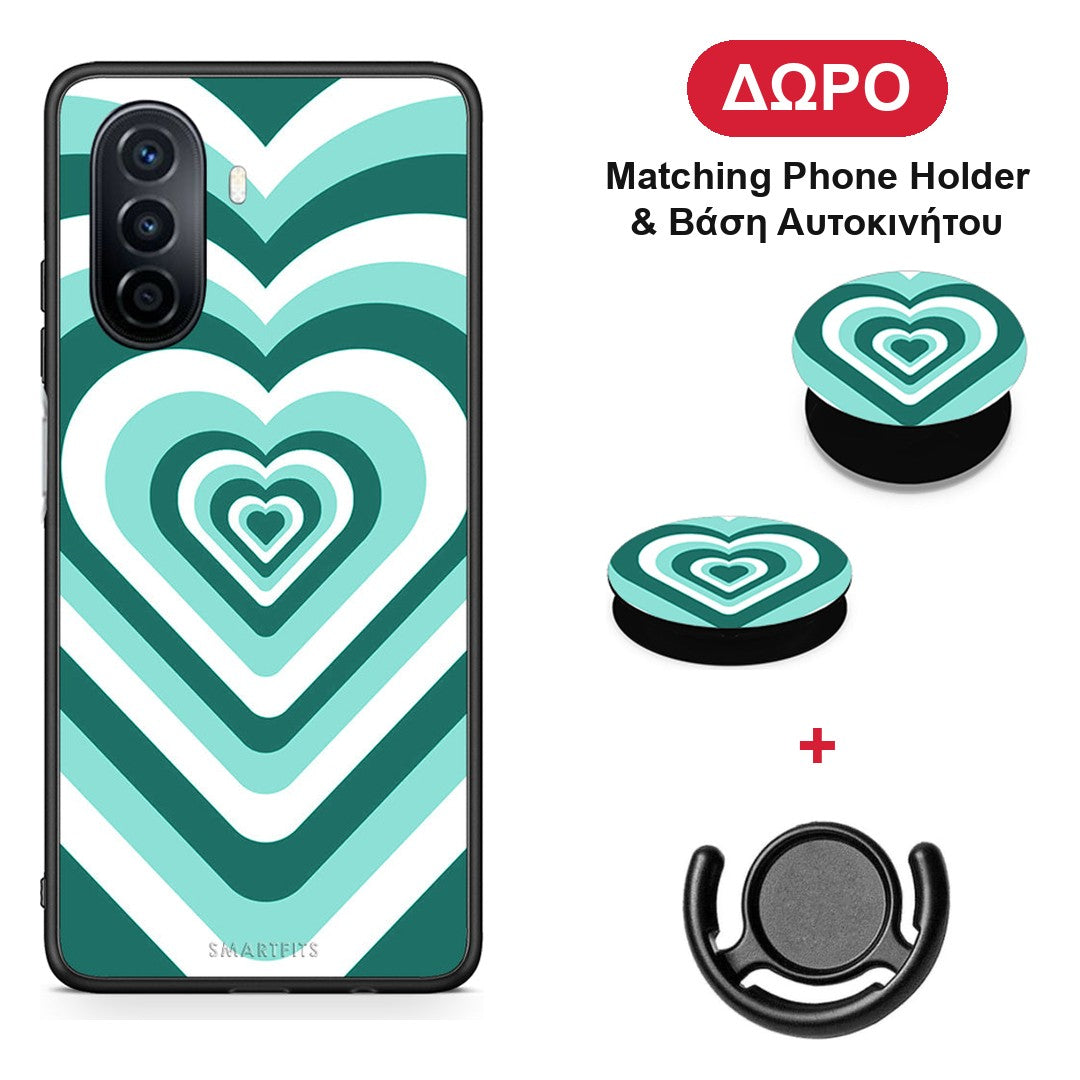 Green Hearts - Huawei Nova Y70 / Y70 Plus θήκη + Δώρο Phone Holder & Βάση Αυτοκινήτου