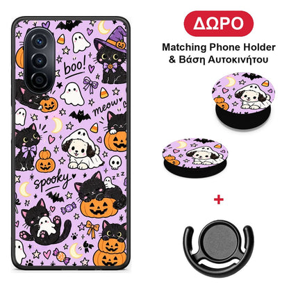Halloween Black Cats on Lilac - Huawei Nova Y70 / Y70 Plus θήκη + Δώρο Phone Holder & Βάση Αυτοκινήτου