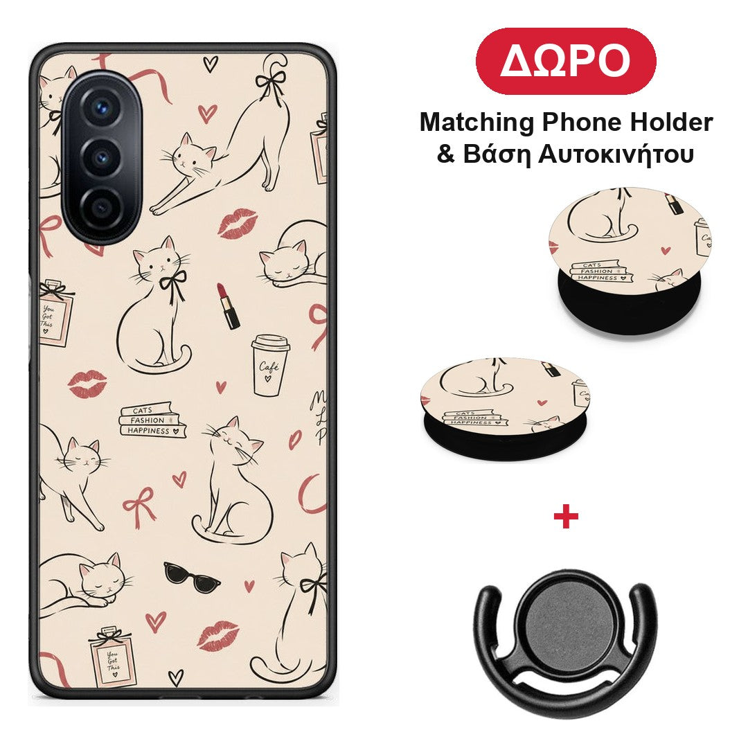 Minimal Cat and Fashion Doodles on Cream - Huawei Nova Y70 / Y70 Plus θήκη + Δώρο Phone Holder & Βάση Αυτοκινήτου