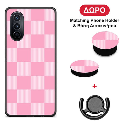 Pink and White Striped Checks - Huawei Nova Y70 / Y70 Plus θήκη + Δώρο Phone Holder & Βάση Αυτοκινήτου