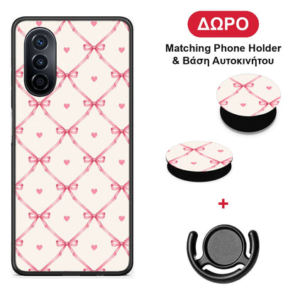 Pink Bow Lattice and Hearts on Cream - Huawei Nova Y70 / Y70 Plus θήκη + Δώρο Phone Holder & Βάση Αυτοκινήτου