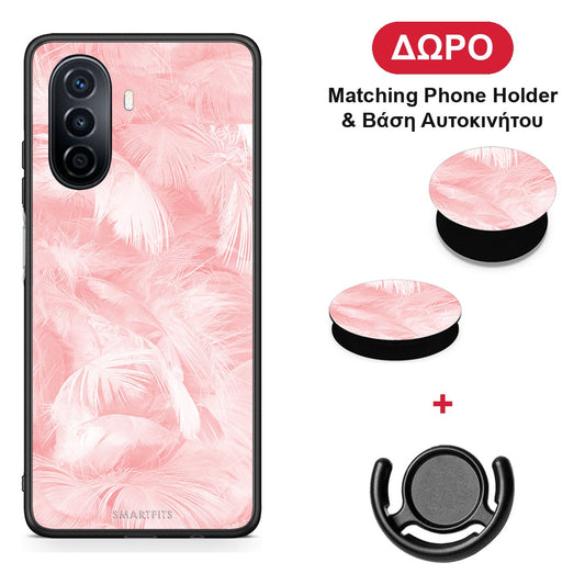 Boho Pink Feather - Huawei Nova Y70 / Y70 Plus θήκη + Δώρο Phone Holder & Βάση Αυτοκινήτου