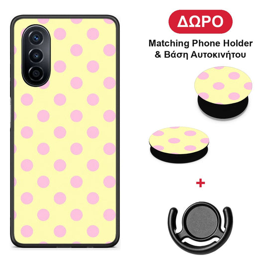 Pink Polka Dots on Yellow - Huawei Nova Y70 / Y70 Plus θήκη + Δώρο Phone Holder & Βάση Αυτοκινήτου