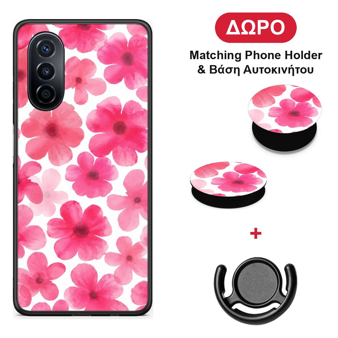 Pink Watercolour Flowers on White - Huawei Nova Y70 / Y70 Plus θήκη + Δώρο Phone Holder & Βάση Αυτοκινήτου