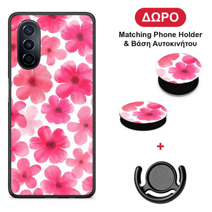 Pink Watercolour Flowers on White - Huawei Nova Y70 / Y70 Plus θήκη + Δώρο Phone Holder & Βάση Αυτοκινήτου