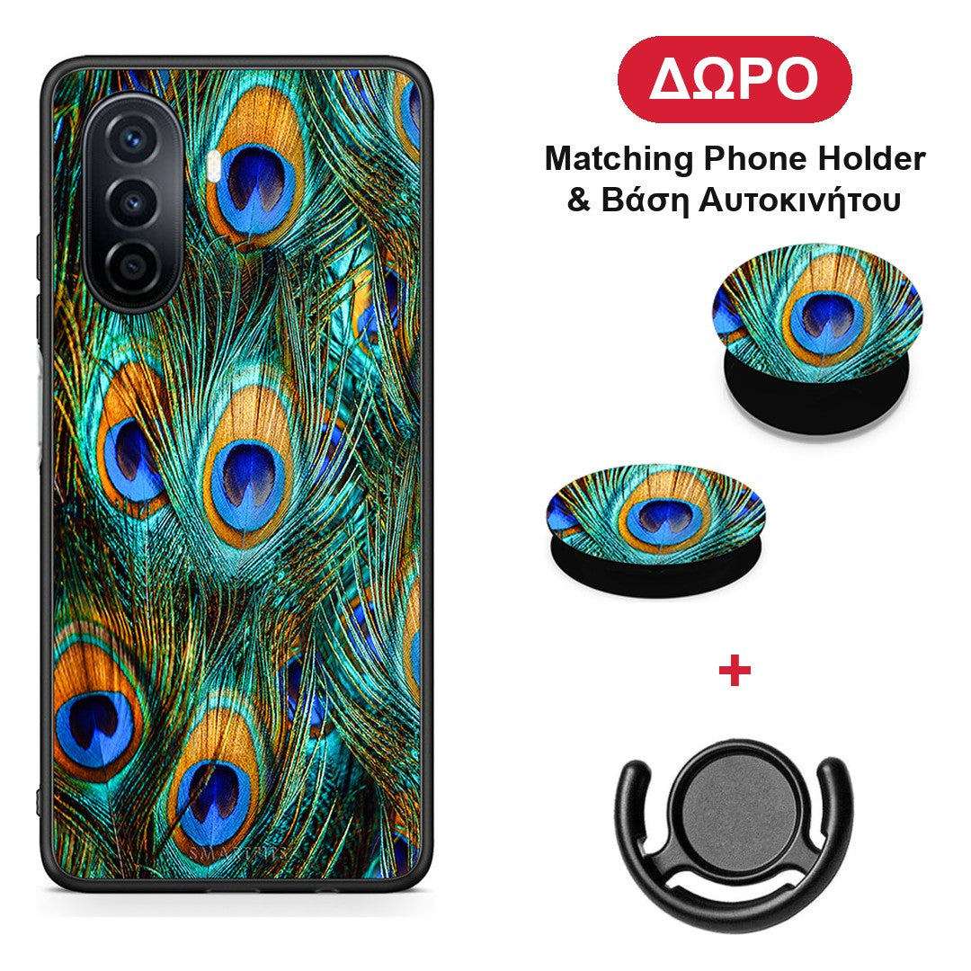 Real Peacock Feathers - Huawei Nova Y70 / Y70 Plus θήκη + Δώρο Phone Holder & Βάση Αυτοκινήτου