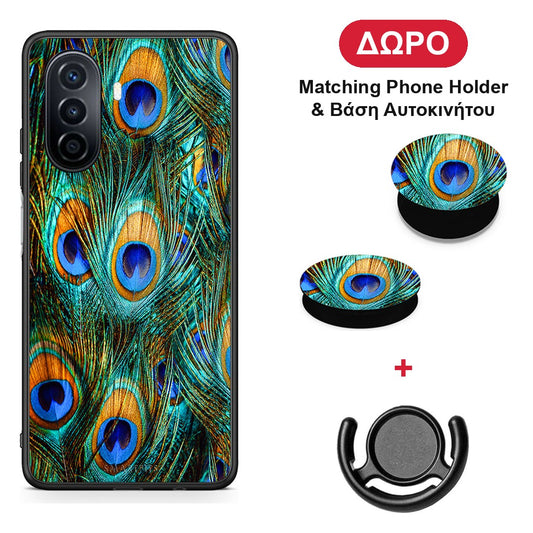 Real Peacock Feathers - Huawei Nova Y70 / Y70 Plus θήκη + Δώρο Phone Holder & Βάση Αυτοκινήτου