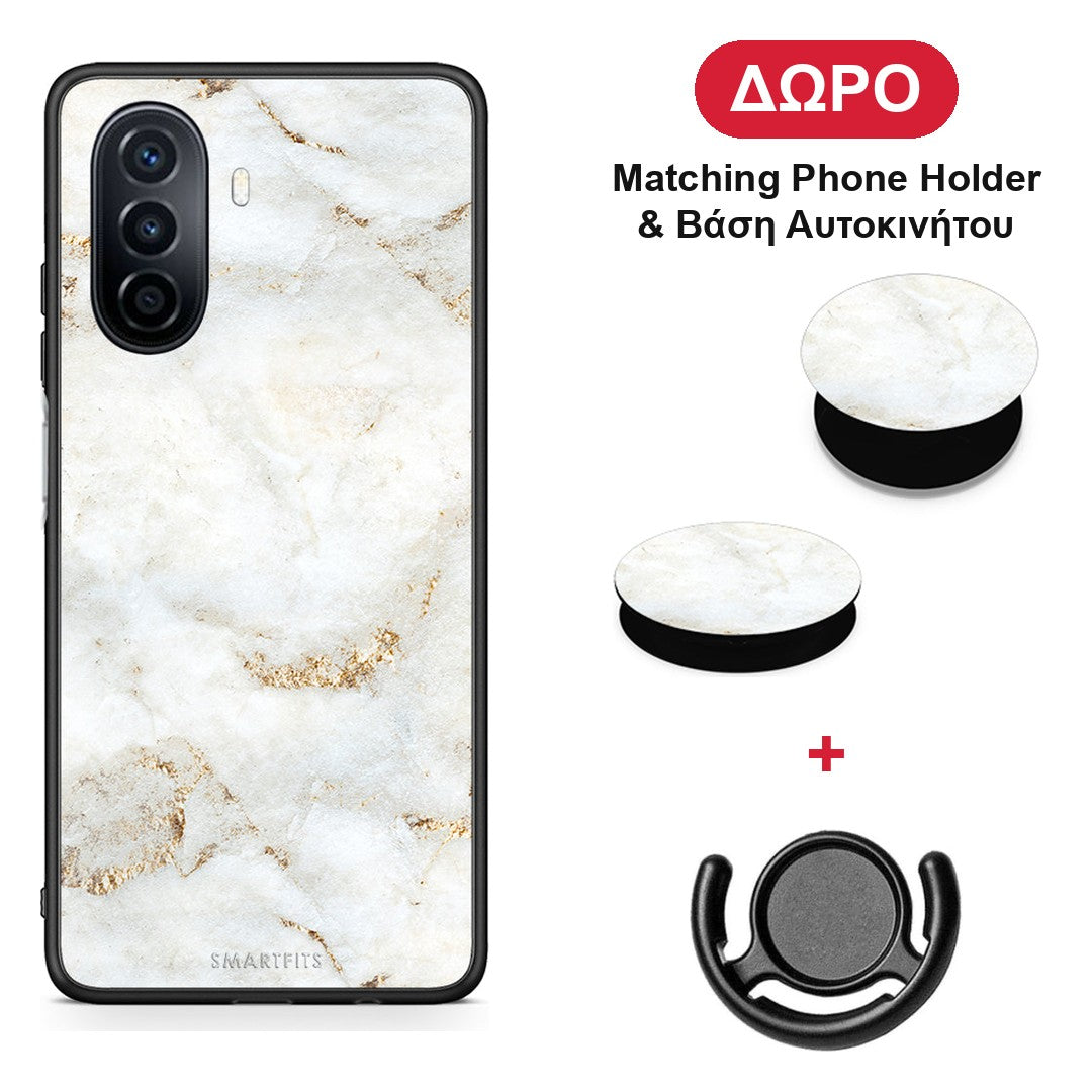 White Gold Marble - Huawei Nova Y70 / Y70 Plus θήκη + Δώρο Phone Holder & Βάση Αυτοκινήτου