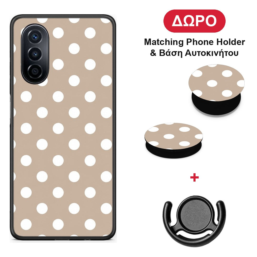 White Polka Dots on Taupe - Huawei Nova Y70 / Y70 Plus θήκη + Δώρο Phone Holder & Βάση Αυτοκινήτου