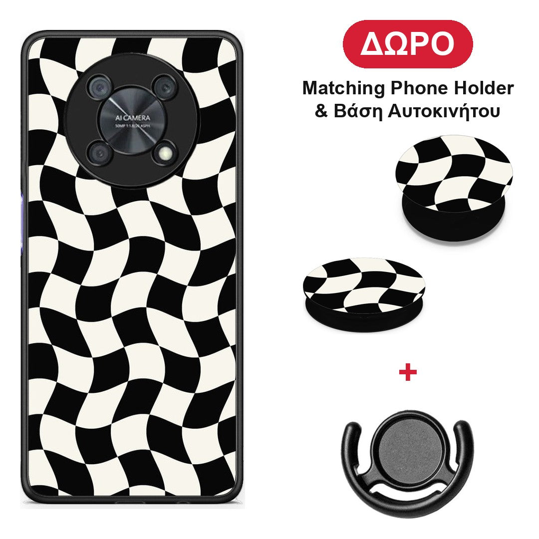 Black and Cream Wavy Checkerboard - Huawei Nova Y90 θήκη + Δώρο Phone Holder & Βάση Αυτοκινήτου