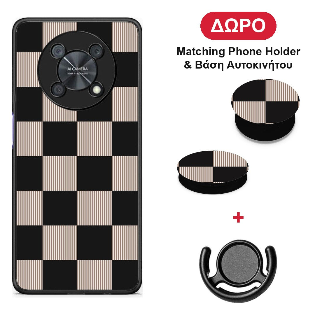 Black and Taupe Striped Checks - Huawei Nova Y90 θήκη + Δώρο Phone Holder & Βάση Αυτοκινήτου