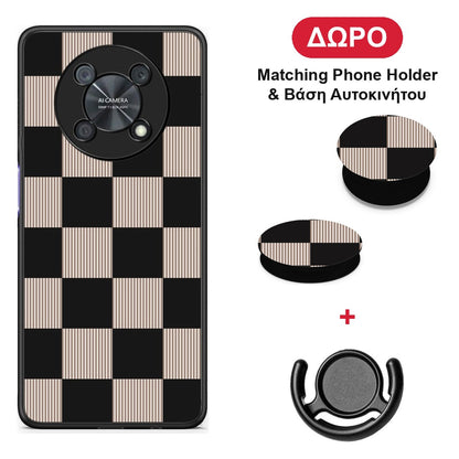 Black and Taupe Striped Checks - Huawei Nova Y90 θήκη + Δώρο Phone Holder & Βάση Αυτοκινήτου
