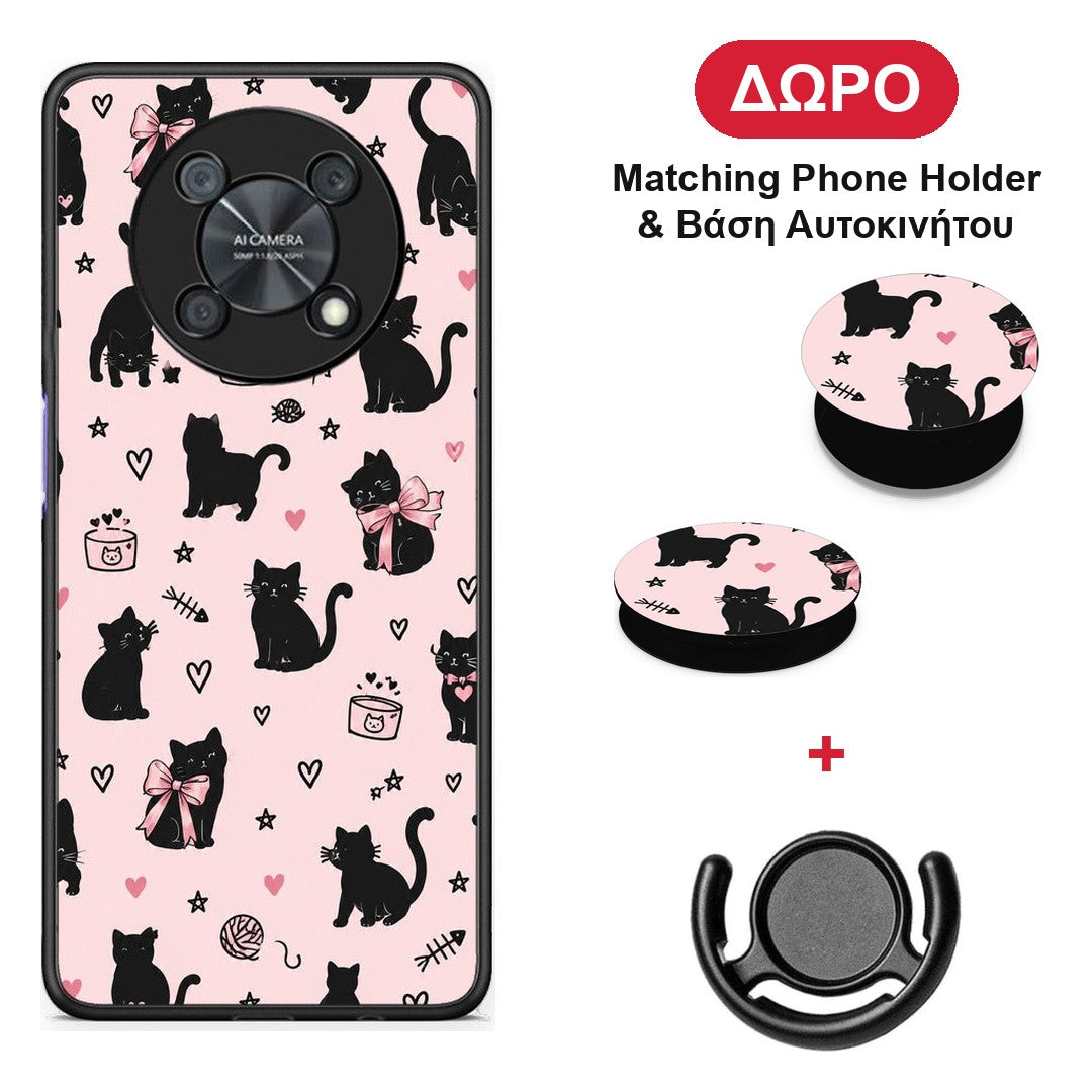 Black Cat Doodles on Pink - Huawei Nova Y90 θήκη + Δώρο Phone Holder & Βάση Αυτοκινήτου
