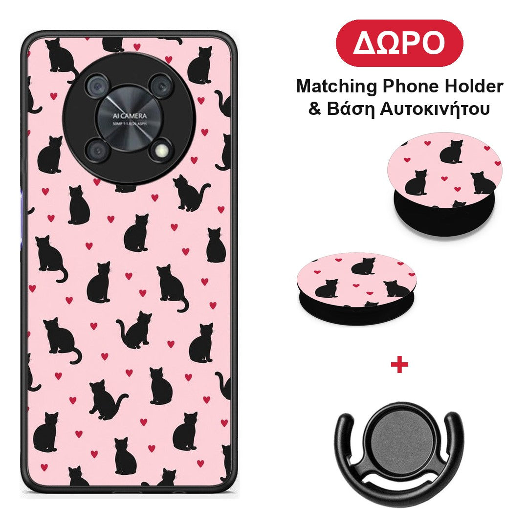 Black Cat Silhouettes and Hearts on Pink - Huawei Nova Y90 θήκη + Δώρο Phone Holder & Βάση Αυτοκινήτου