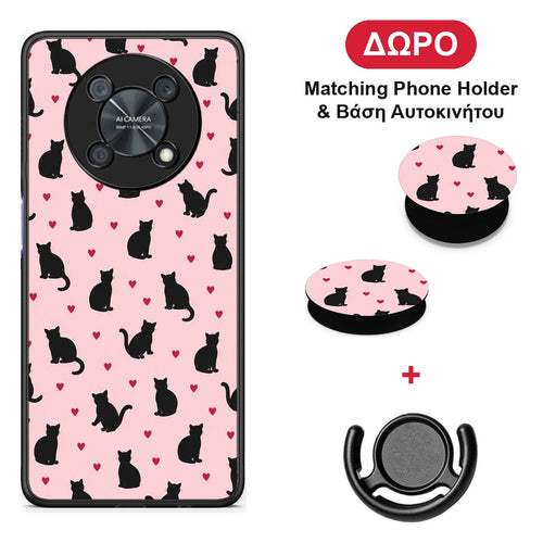 Black Cat Silhouettes and Hearts on Pink - Huawei Nova Y90 θήκη + Δώρο Phone Holder & Βάση Αυτοκινήτου