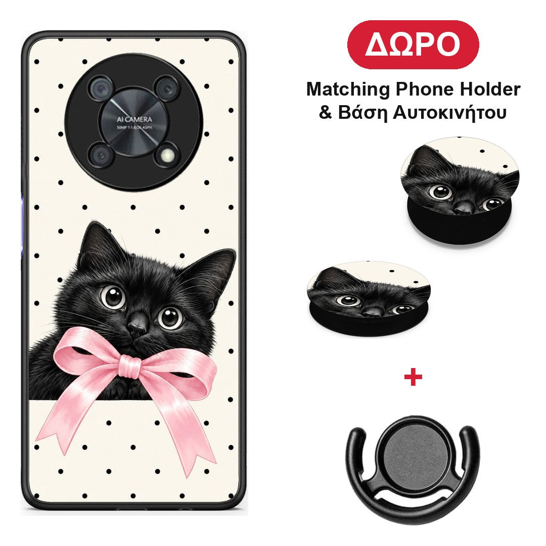 Black Kitten Pink Bow and Polka Dots - Huawei Nova Y90 θήκη + Δώρο Phone Holder & Βάση Αυτοκινήτου