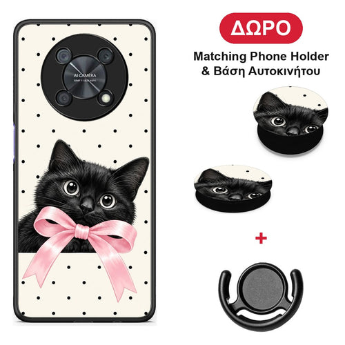 Black Kitten Pink Bow and Polka Dots - Huawei Nova Y90 θήκη + Δώρο Phone Holder & Βάση Αυτοκινήτου