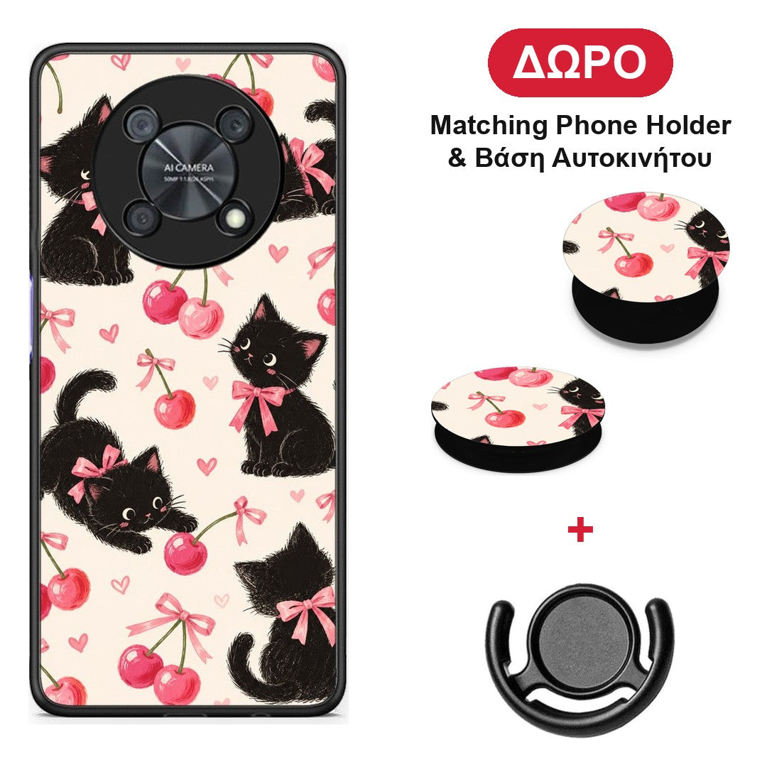 Black Kittens and Cherries on Cream - Huawei Nova Y90 θήκη + Δώρο Phone Holder & Βάση Αυτοκινήτου