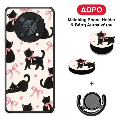 Black Kittens and Pink Bows on Cream Large - Huawei Nova Y90 θήκη + Δώρο Phone Holder & Βάση Αυτοκινήτου