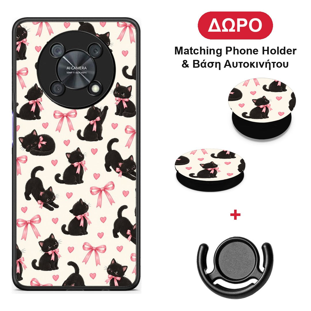 Black Kittens and Pink Bows on Cream Small - Huawei Nova Y90 θήκη + Δώρο Phone Holder & Βάση Αυτοκινήτου