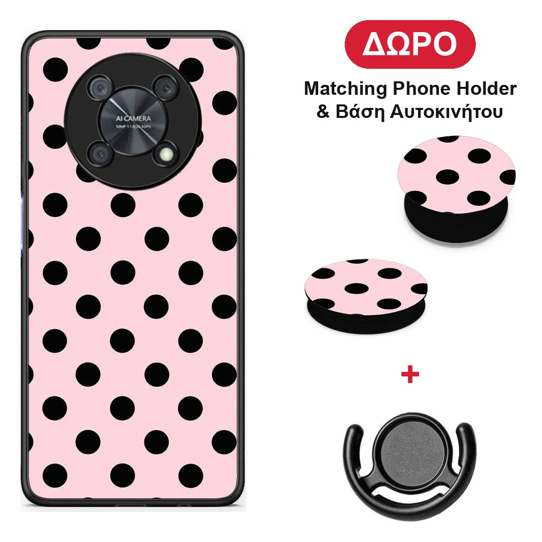 Black Polka Dots on Pink - Huawei Nova Y90 θήκη + Δώρο Phone Holder & Βάση Αυτοκινήτου