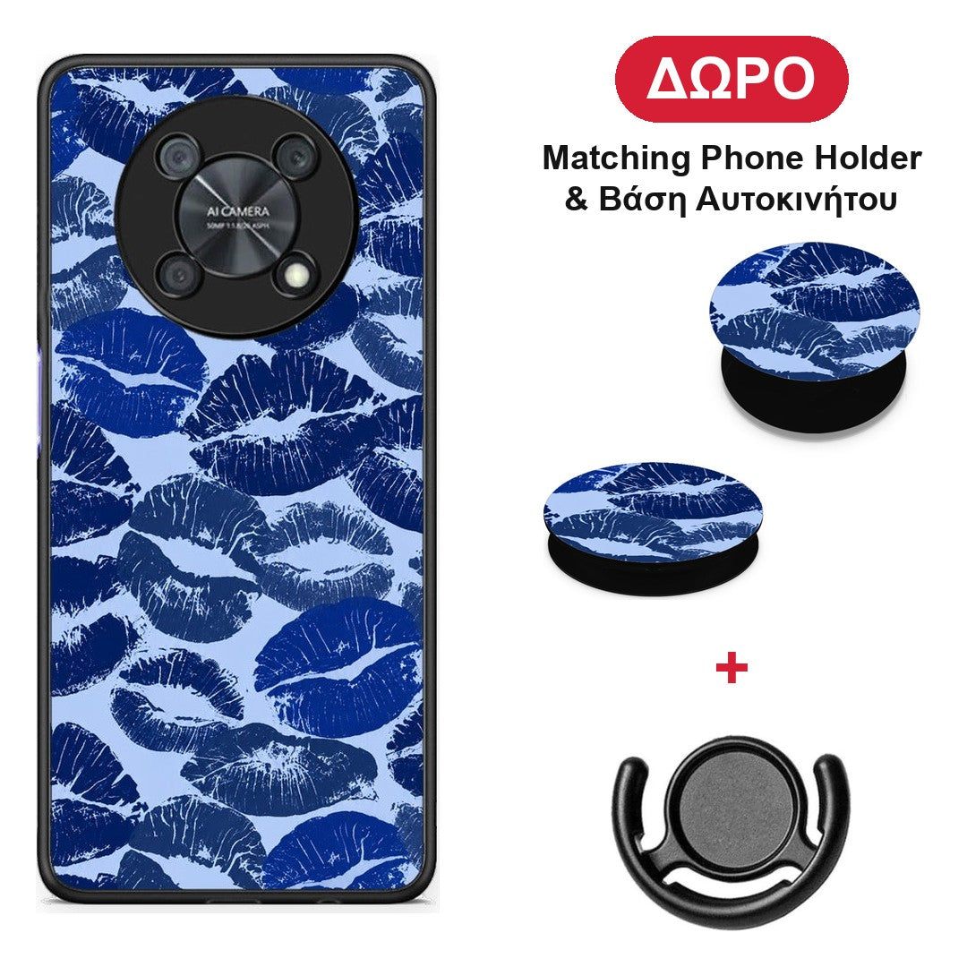 Blue Lipstick Kisses - Huawei Nova Y90 θήκη + Δώρο Phone Holder & Βάση Αυτοκινήτου