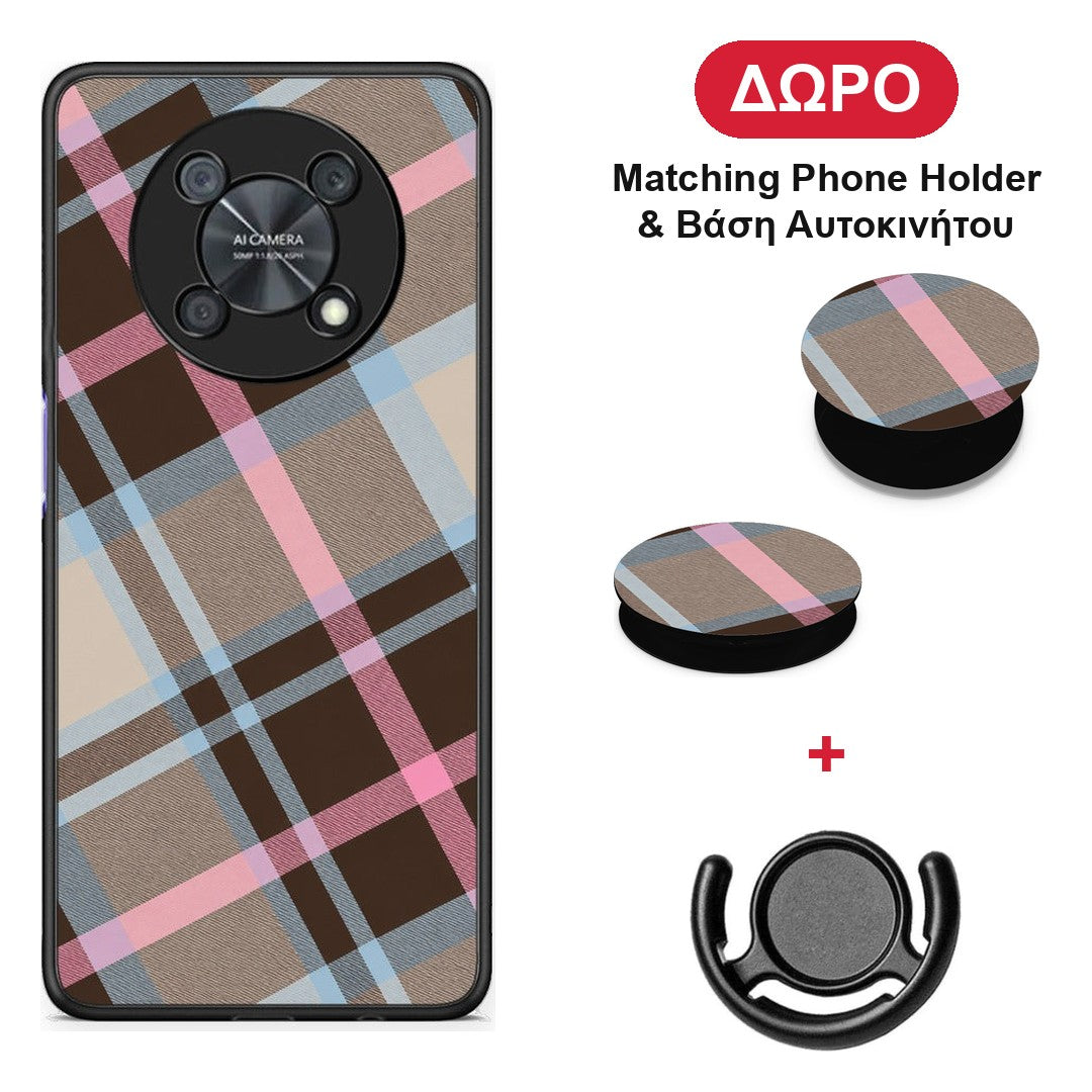 Brown Pink and Blue Diagonal Plaid - Huawei Nova Y90 θήκη + Δώρο Phone Holder & Βάση Αυτοκινήτου