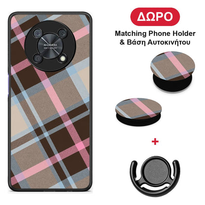 Brown Pink and Blue Diagonal Plaid - Huawei Nova Y90 θήκη + Δώρο Phone Holder & Βάση Αυτοκινήτου