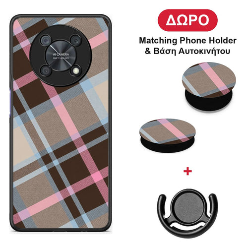 Brown Pink and Blue Diagonal Plaid - Huawei Nova Y90 θήκη + Δώρο Phone Holder & Βάση Αυτοκινήτου