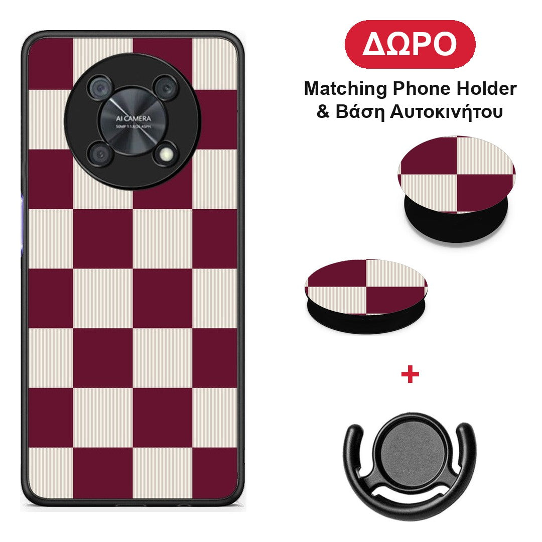 Burgundy and Cream Striped Checks - Huawei Nova Y90 θήκη + Δώρο Phone Holder & Βάση Αυτοκινήτου
