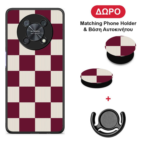 Burgundy and Cream Striped Checks - Huawei Nova Y90 θήκη + Δώρο Phone Holder & Βάση Αυτοκινήτου