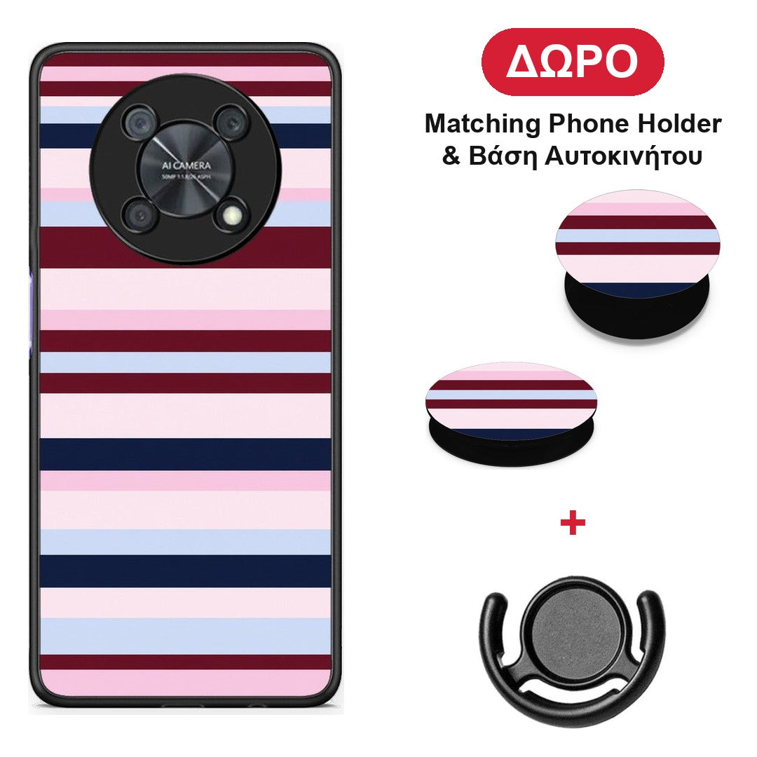 Burgundy Pink and Blue Horizontal Stripes - Huawei Nova Y90 θήκη + Δώρο Phone Holder & Βάση Αυτοκινήτου