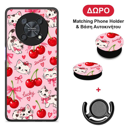 Cherries Bows and Kittens on Pink - Huawei Nova Y90 θήκη + Δώρο Phone Holder & Βάση Αυτοκινήτου