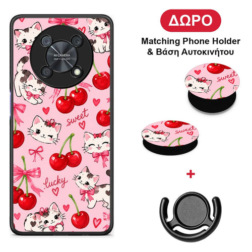 Cherries Bows and Kittens on Pink - Huawei Nova Y90 θήκη + Δώρο Phone Holder & Βάση Αυτοκινήτου