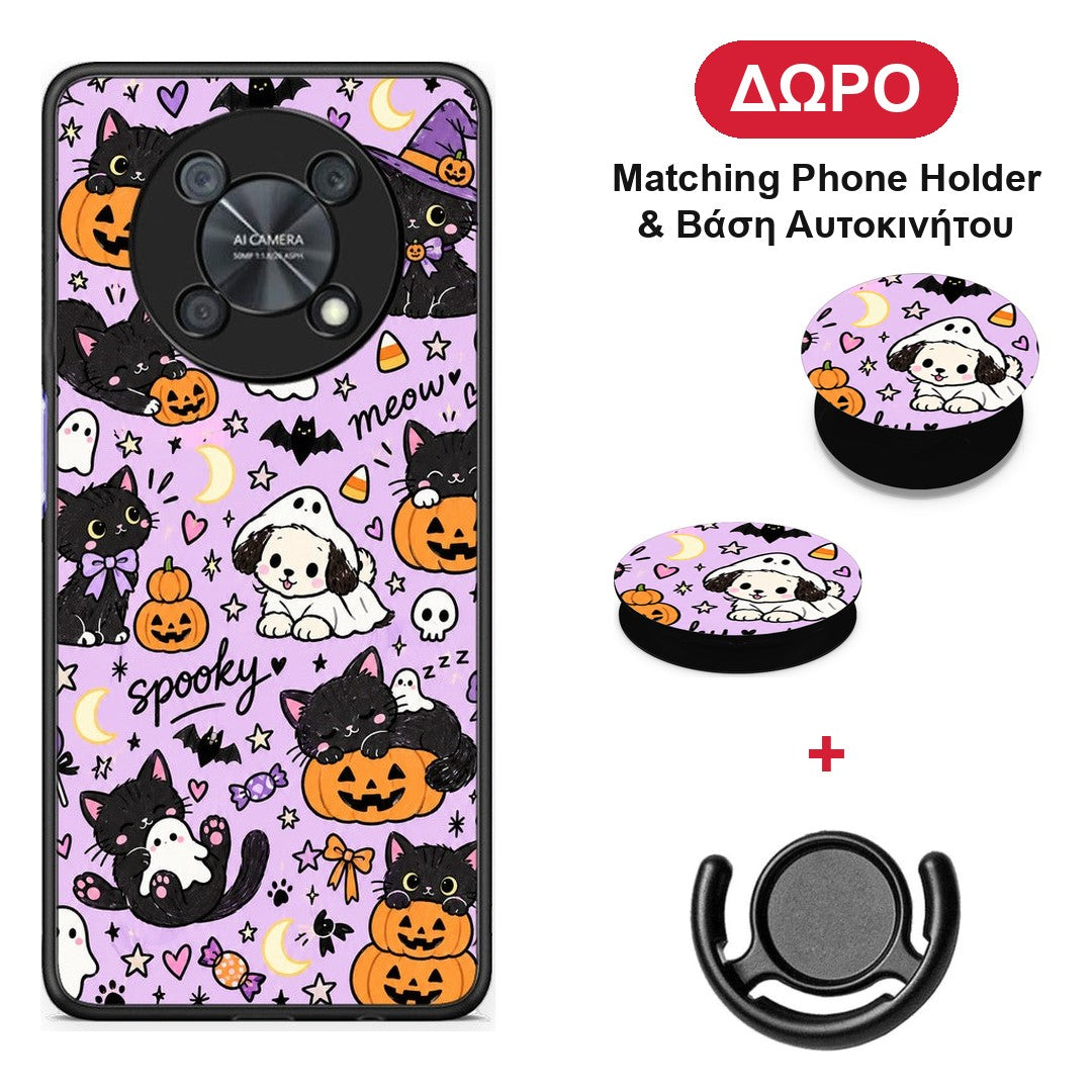 Halloween Black Cats on Lilac - Huawei Nova Y90 θήκη + Δώρο Phone Holder & Βάση Αυτοκινήτου