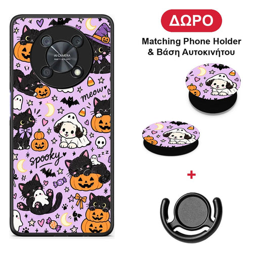 Halloween Black Cats on Lilac - Huawei Nova Y90 θήκη + Δώρο Phone Holder & Βάση Αυτοκινήτου