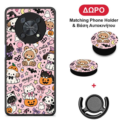 Halloween Cute Animals on Pink - Huawei Nova Y90 θήκη + Δώρο Phone Holder & Βάση Αυτοκινήτου
