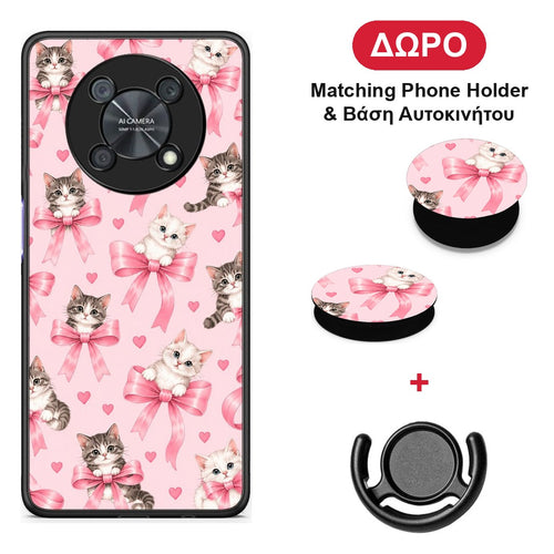 Kittens and Pink Bows on Pink - Huawei Nova Y90 θήκη + Δώρο Phone Holder & Βάση Αυτοκινήτου